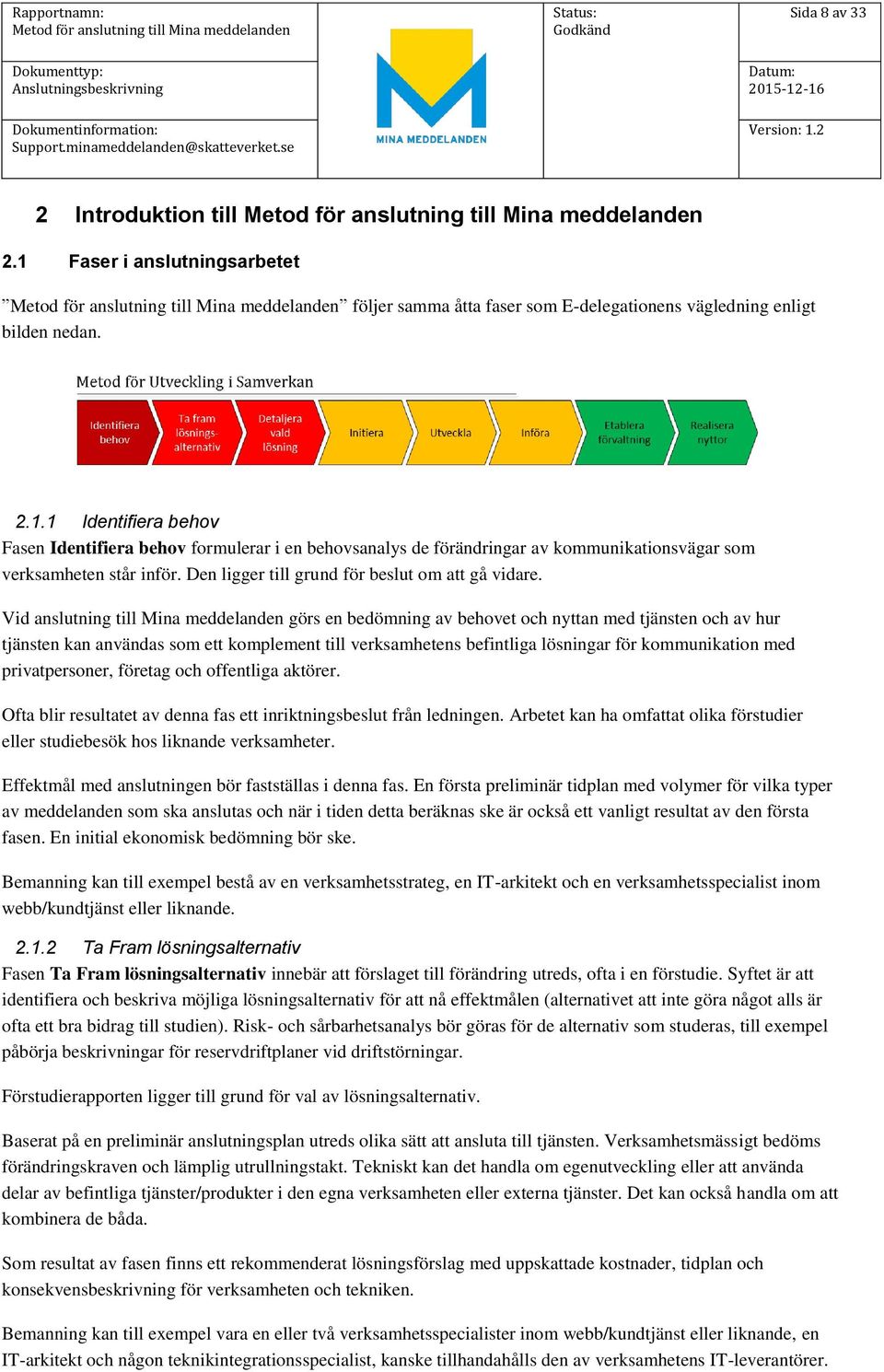 Vid anslutning till Mina meddelanden görs en bedömning av behovet och nyttan med tjänsten och av hur tjänsten kan användas som ett komplement till verksamhetens befintliga lösningar för kommunikation