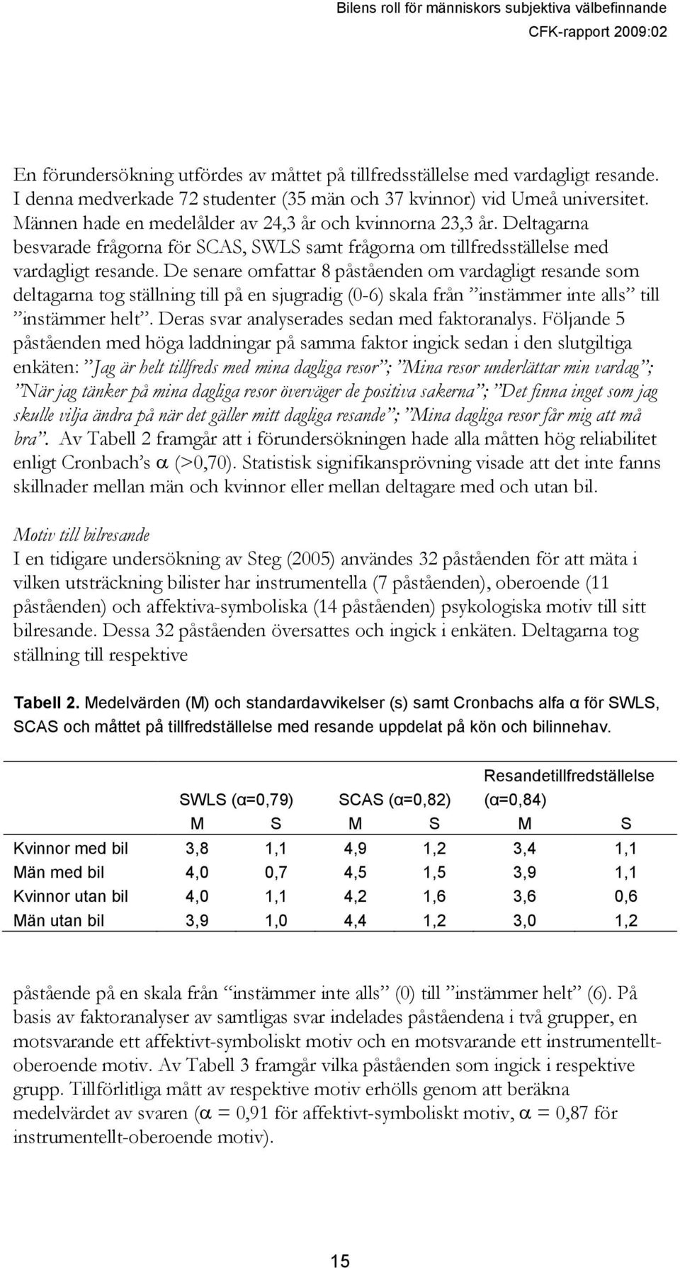 De senare omfattar 8 påståenden om vardagligt resande som deltagarna tog ställning till på en sjugradig (0-6) skala från instämmer inte alls till instämmer helt.