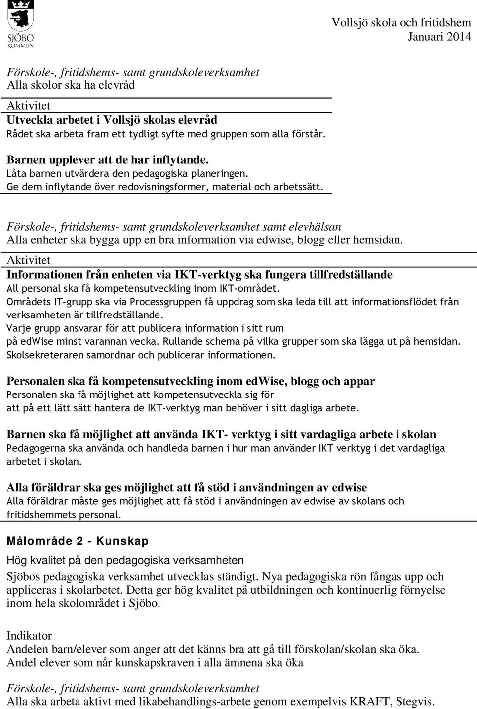 Förskole-, fritidshems- samt grundskoleverksamhet samt elevhälsan Alla enheter ska bygga upp en bra information via edwise, blogg eller hemsidan.