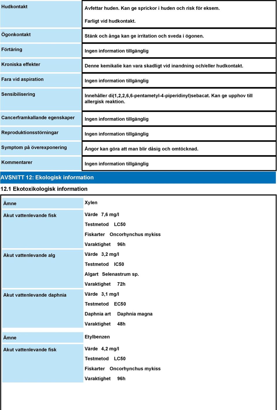 Innehåller di(1,2,2,6,6-pentametyl-4-piperidinyl)sebacat. Kan ge upphov till allergisk reaktion.