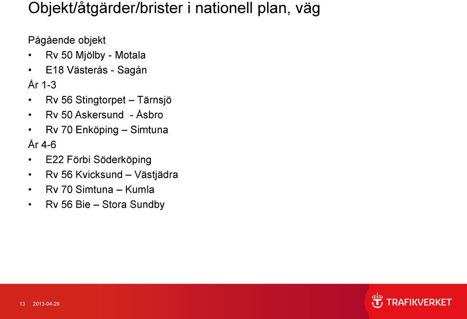 50 Askersund - Åsbro Rv 70 Enköping Simtuna År 4-6 E22 Förbi Söderköping