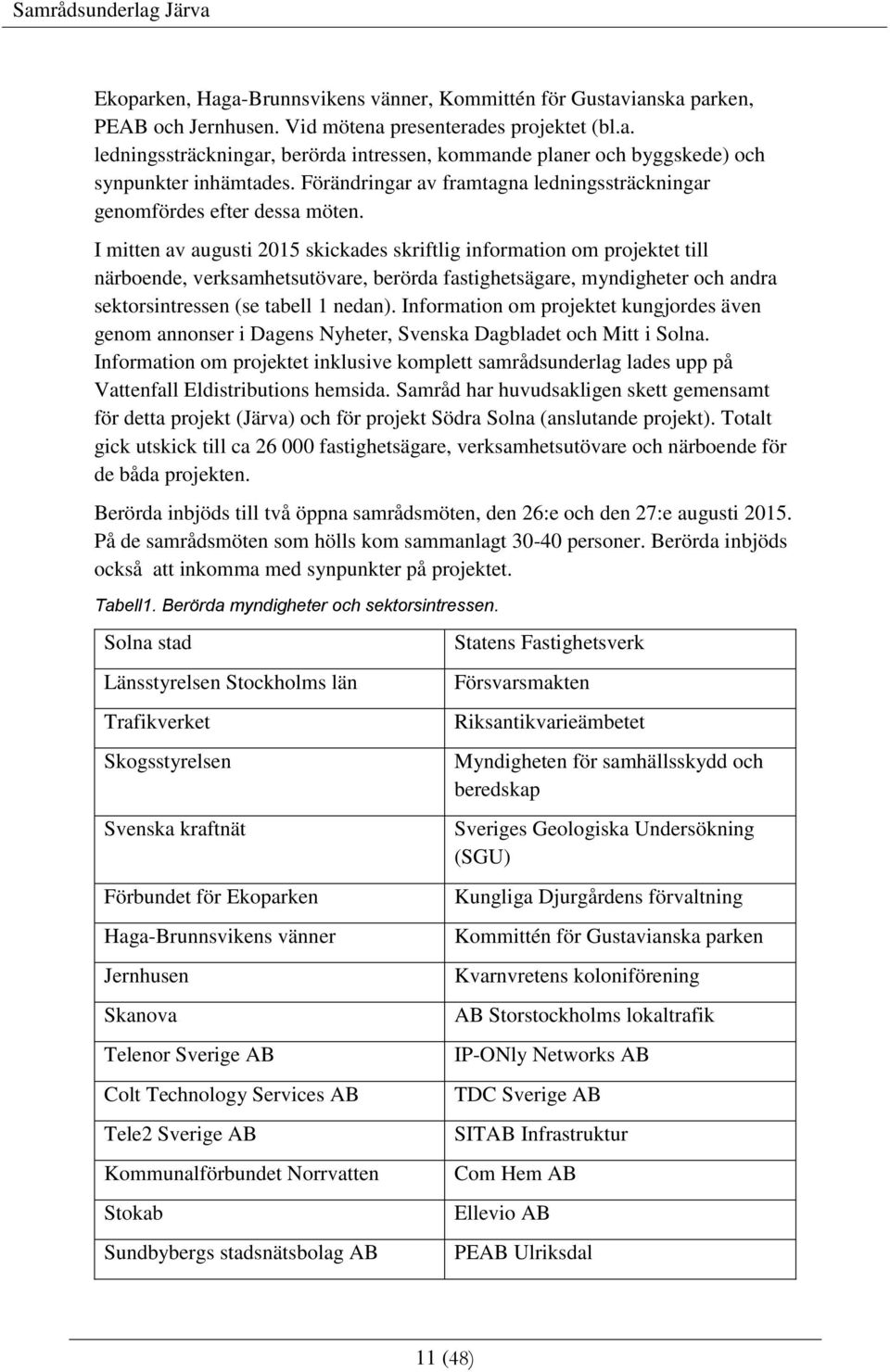 I mitten av augusti 2015 skickades skriftlig information om projektet till närboende, verksamhetsutövare, berörda fastighetsägare, myndigheter och andra sektorsintressen (se tabell 1 nedan).