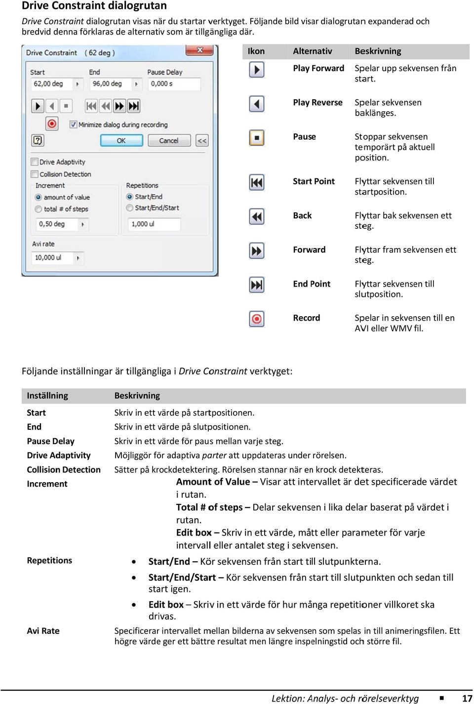 Stoppar sekvensen temporärt på aktuell position. Flyttar sekvensen till startposition. Flyttar bak sekvensen ett steg. Flyttar fram sekvensen ett steg. Flyttar sekvensen till slutposition.