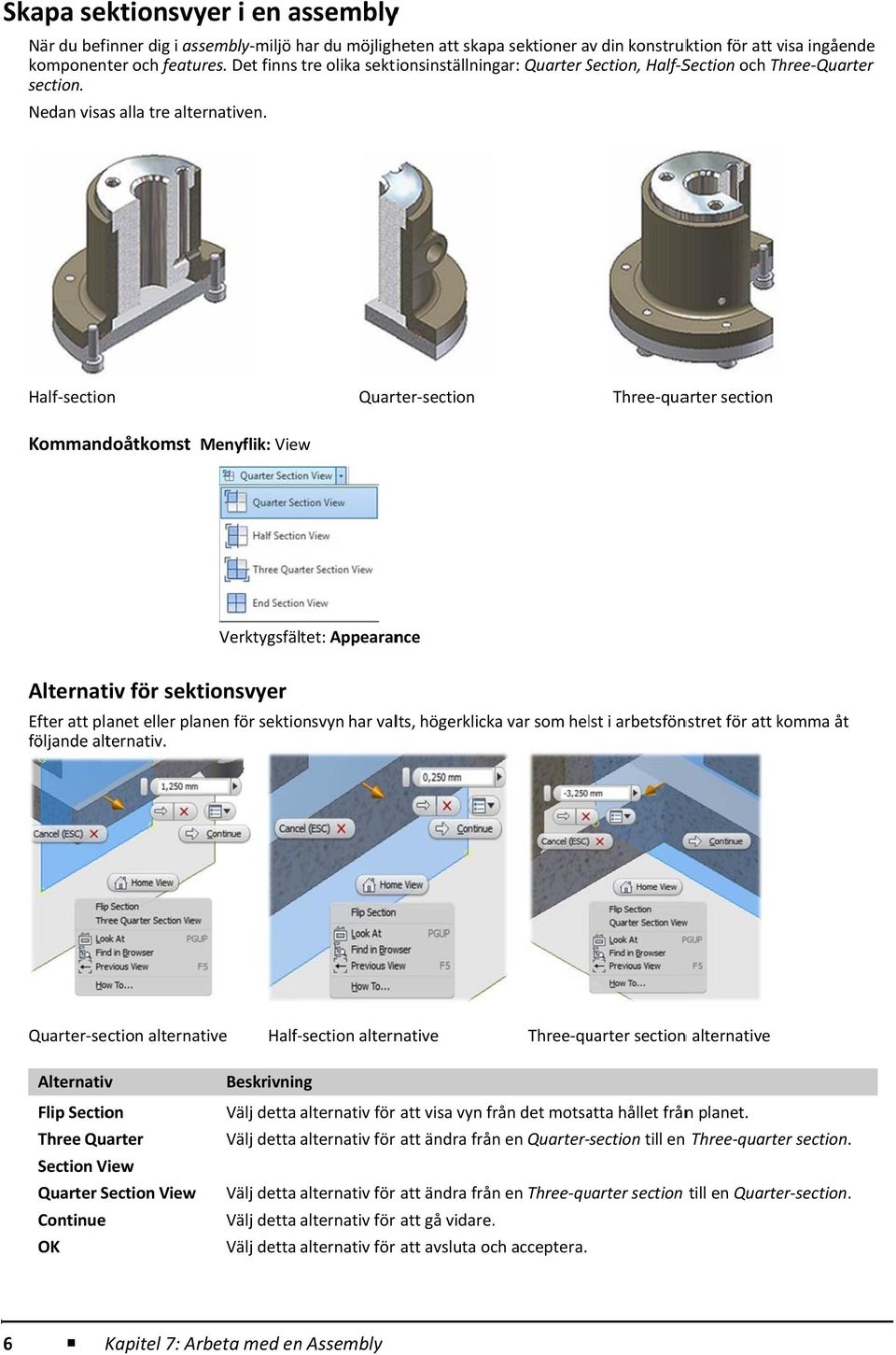 Half section Kommandoåtkomst Menyflik: View Quarter section Three quarter section Alternativ för sektionsvyer Verktygsfältet: Appearance Efter att planet eller planen för sektionsvyn har valts,