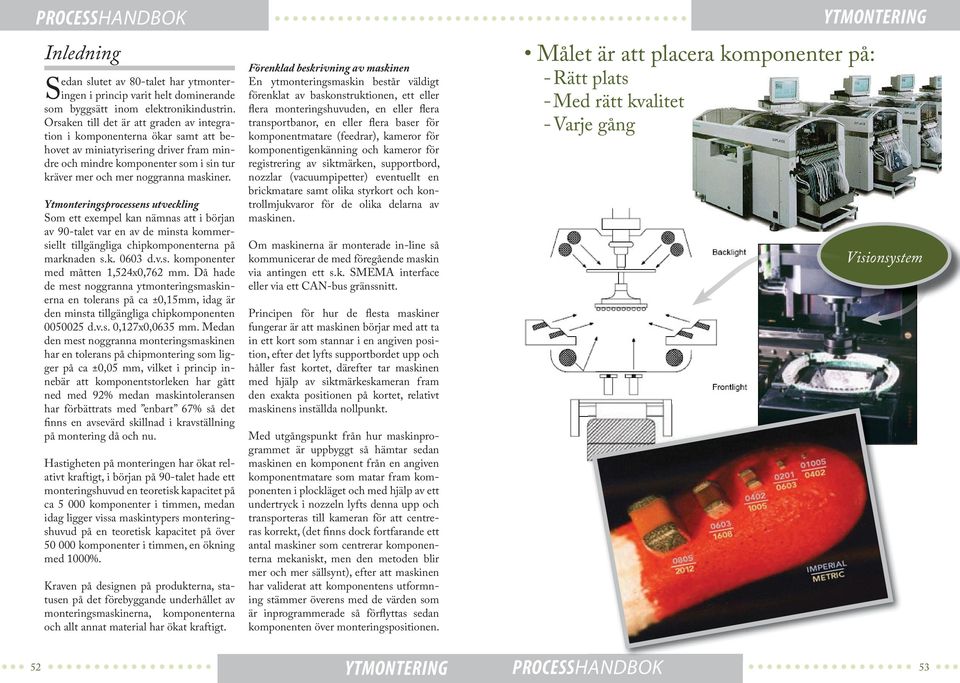 Ytmonteringsprocessens utveckling Som ett exempel kan nämnas att i början av 90-talet var en av de minsta kommersiellt tillgängliga chipkomponenterna på marknaden s.k. 0603 d.v.s. komponenter med måtten 1,524x0,762 mm.