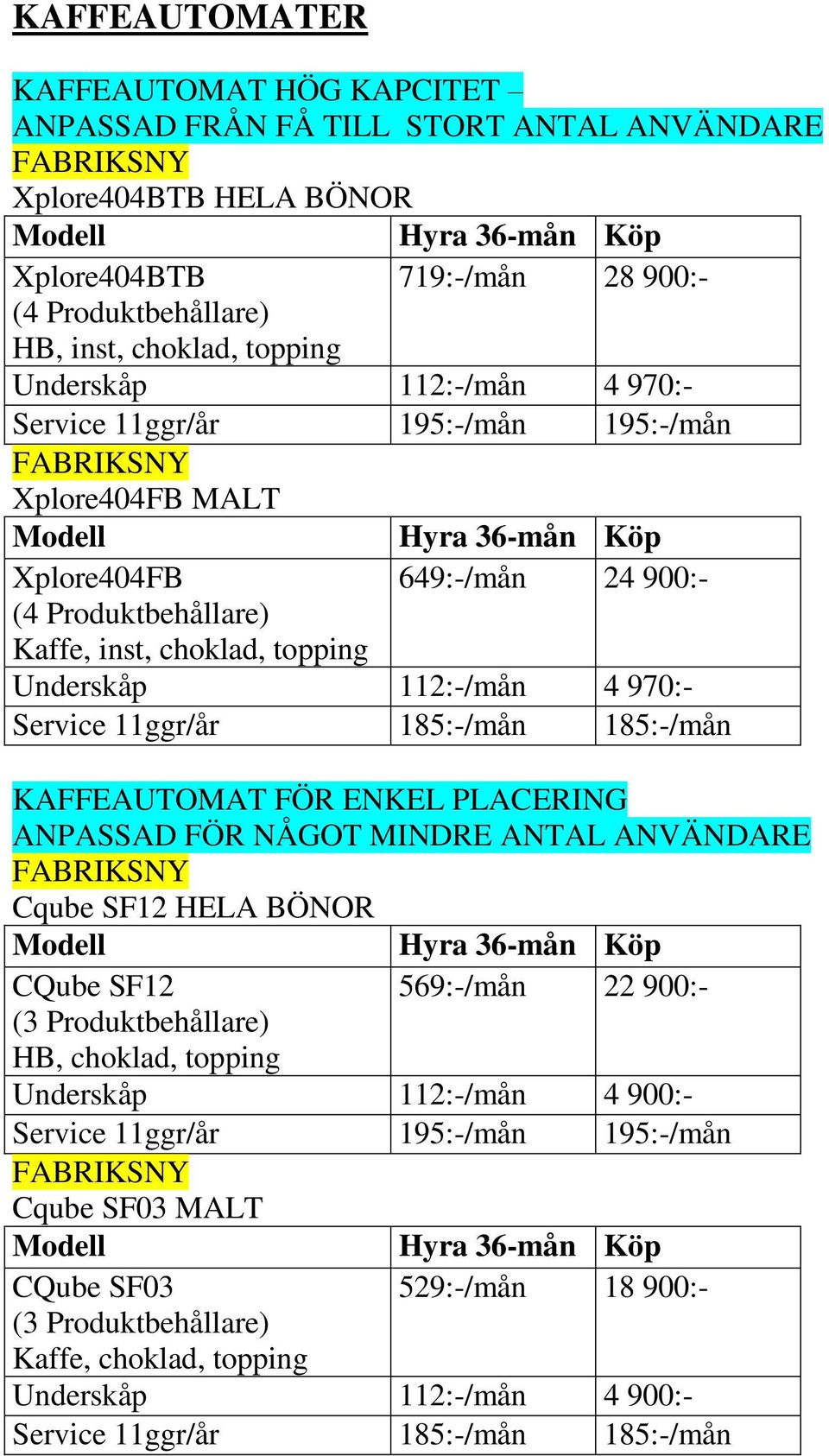 185:-/mån 185:-/mån KAFFEAUTOMAT FÖR ENKEL PLACERING ANPASSAD FÖR NÅGOT MINDRE ANTAL ANVÄNDARE Cqube SF12 HELA BÖNOR CQube SF12 569:-/mån 22 900:- HB, choklad, topping Underskåp