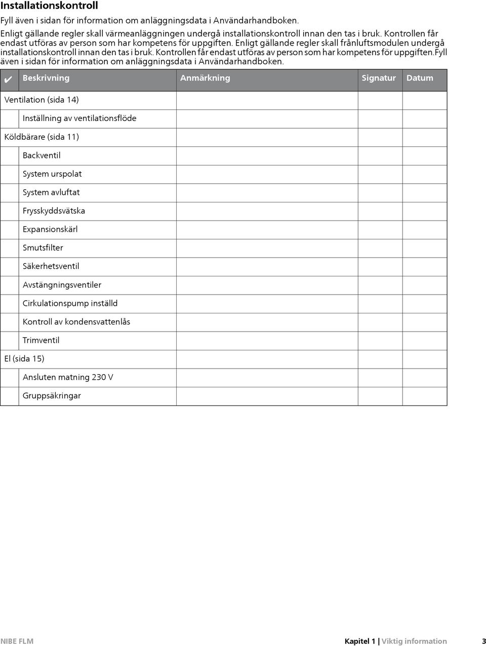 Kontrollen får endast utföras av person som har kompetens för uppgiften.fyll även i sidan för information om anläggningsdata i Användarhandboken.