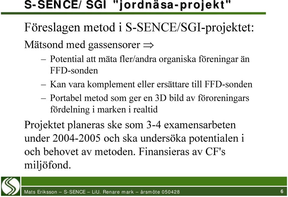 Portabel metod som ger en 3D bild av föroreningars fördelning i marken i realtid Projektet planeras ske som 3-4