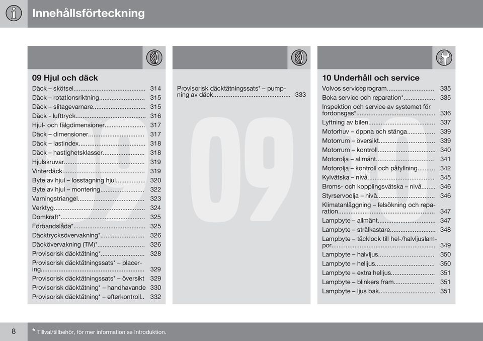 .. 324 Domkraft*... 325 Förbandslåda*... 325 Däcktrycksövervakning*... 326 Däckövervakning (TM)*... 326 Provisorisk däcktätning*... 328 Provisorisk däcktätningssats* placering.