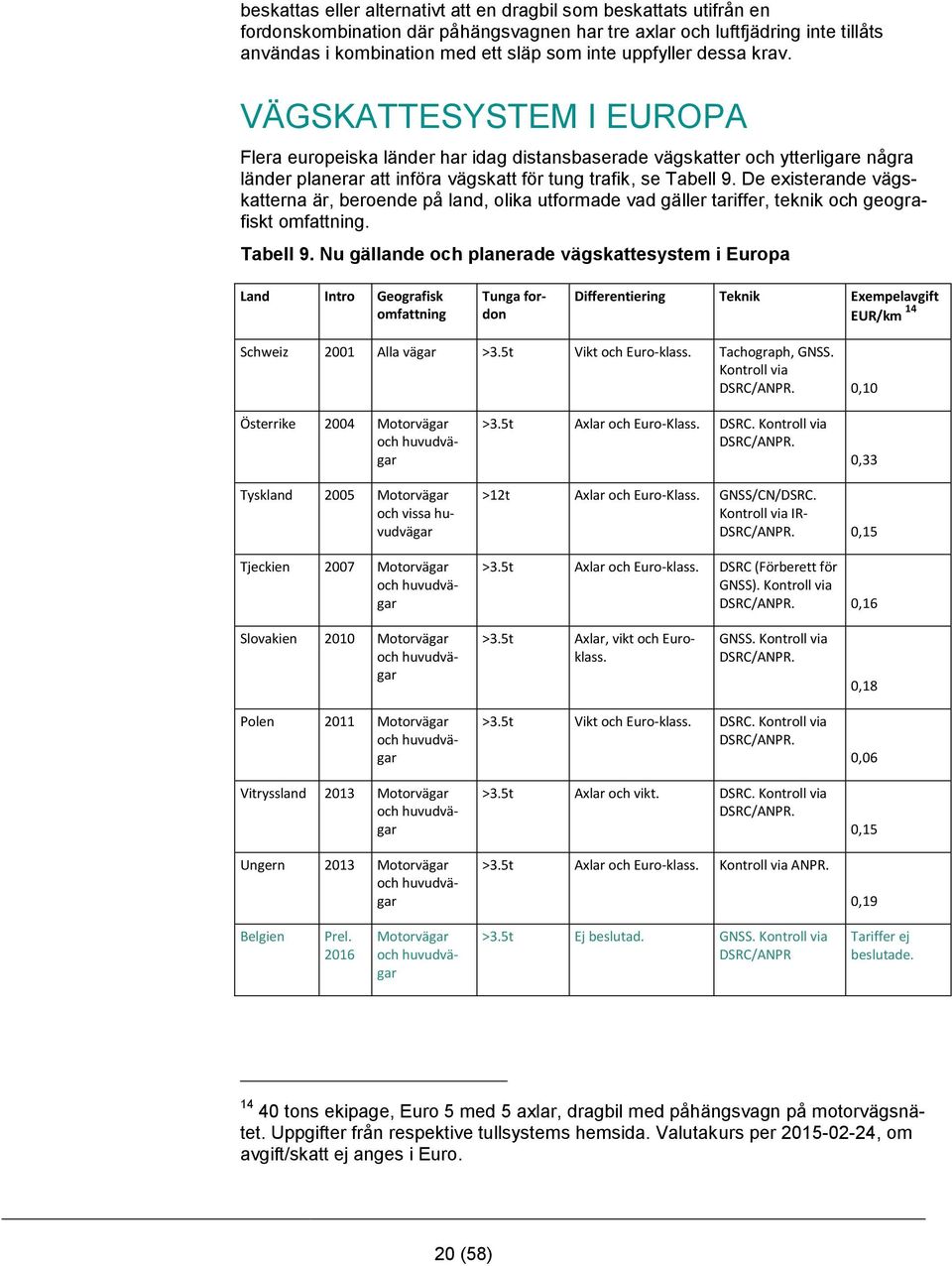 De existerande vägskatterna är, beroende på land, olika utformade vad gäller tariffer, teknik och geografiskt omfattning. Tabell 9.