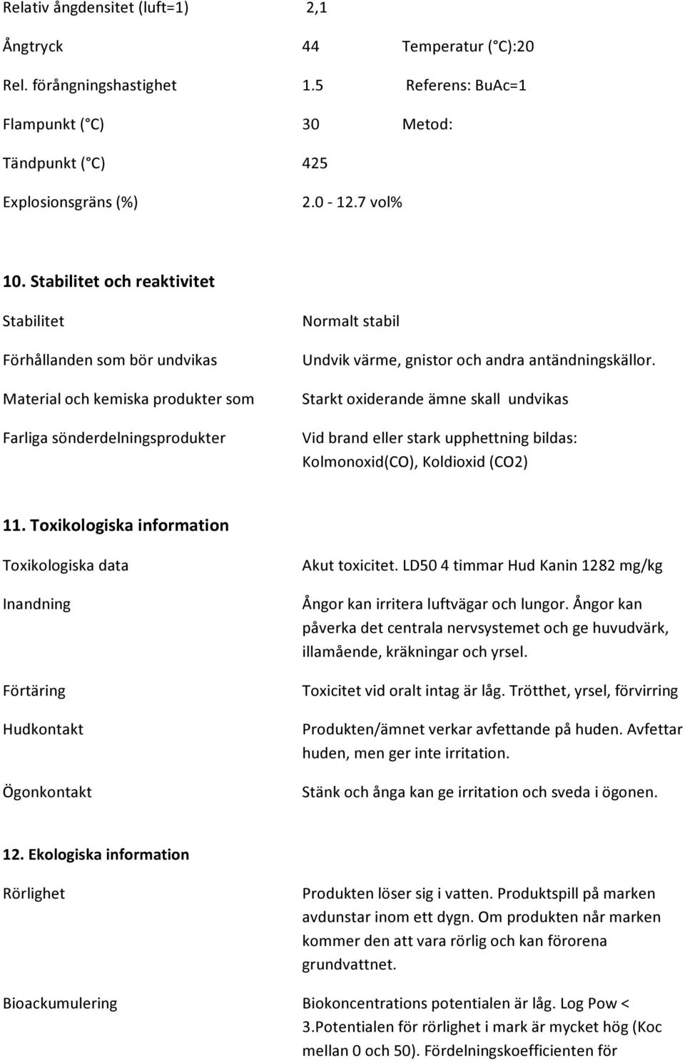 Starkt oxiderande ämne skall undvikas Vid brand eller stark upphettning bildas: Kolmonoxid(CO), Koldioxid (CO2) 11.