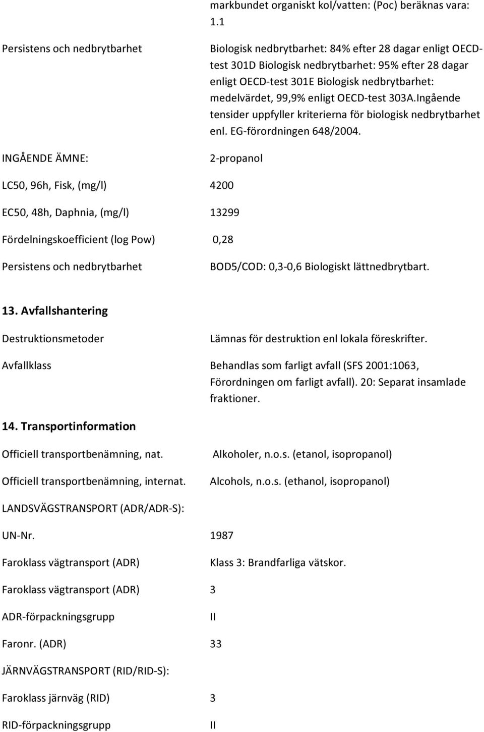 nedbrytbarhet: medelvärdet, 99,9% enligt OECD-test 303A.Ingående tensider uppfyller kriterierna för biologisk nedbrytbarhet enl. EG-förordningen 648/2004.