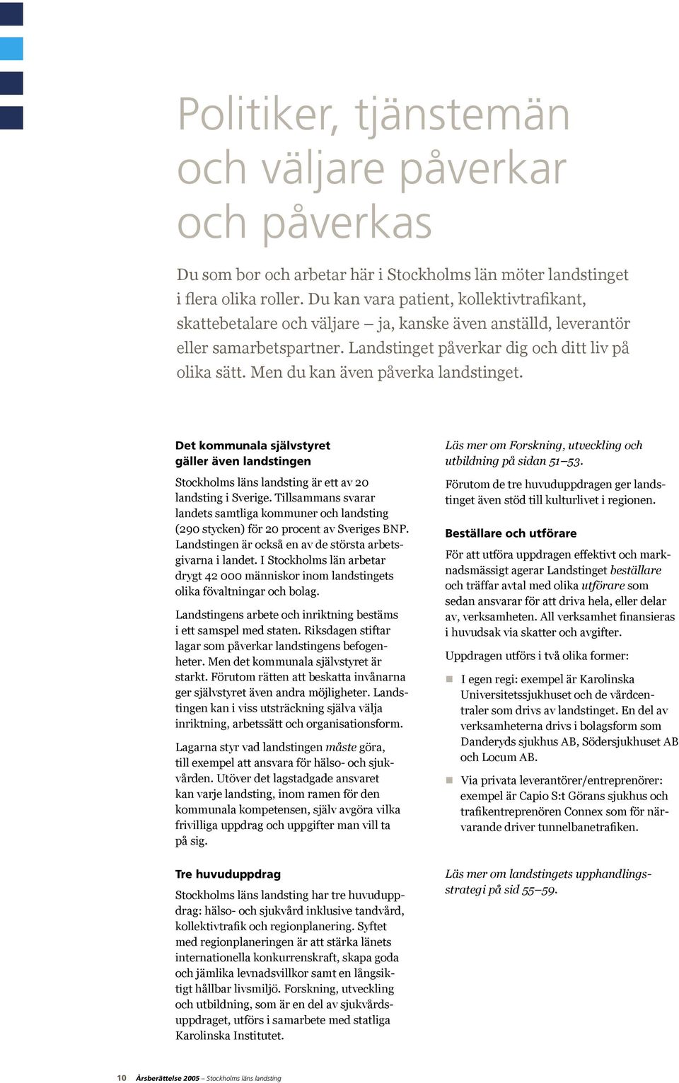 Men du kan även påverka landstinget. Det kommunala självstyret gäller även landstingen Stockholms läns landsting är ett av 20 landsting i Sverige.