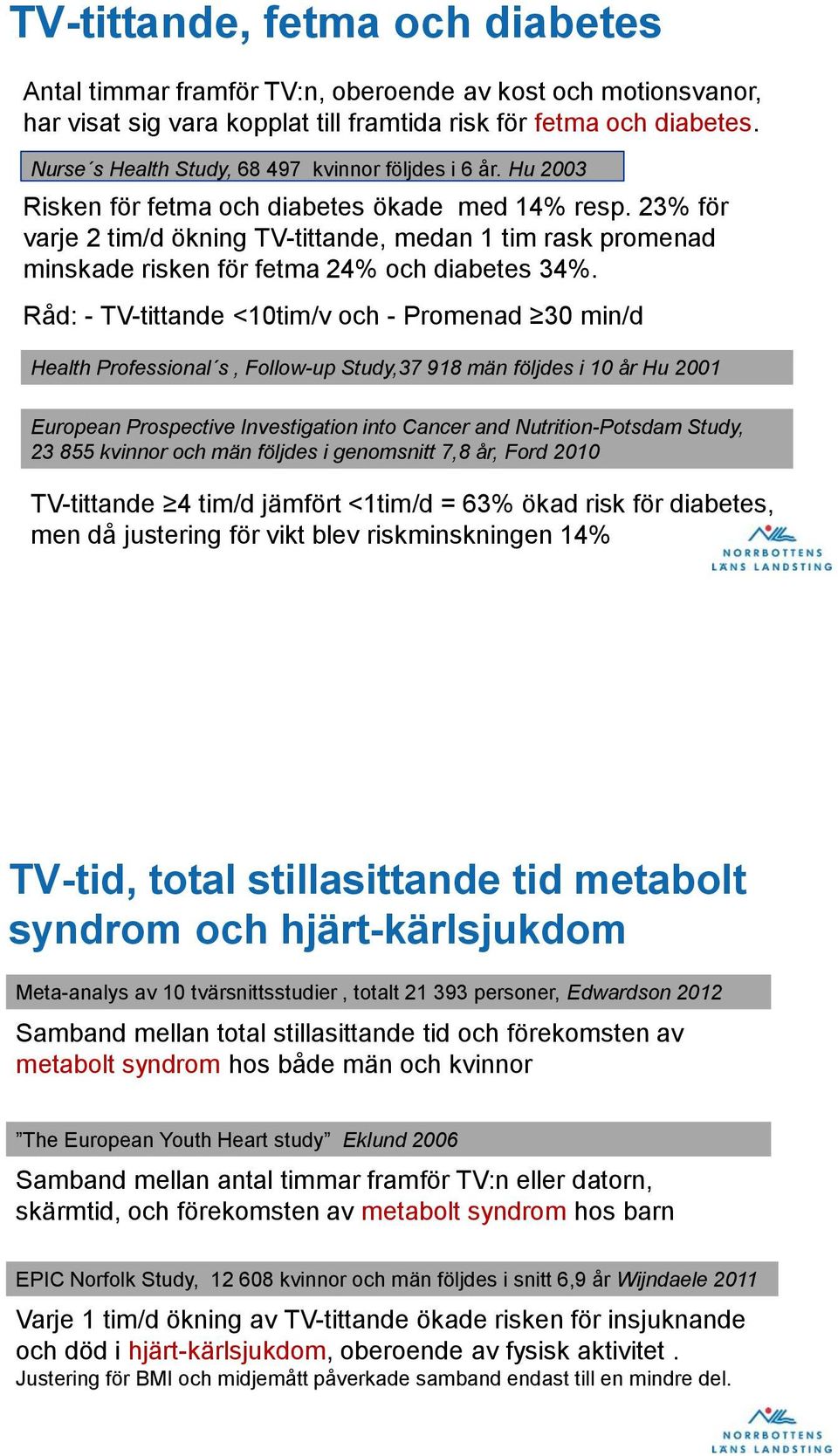 23% för varje 2 tim/d ökning TV-tittande, medan 1 tim rask promenad minskade risken för fetma 24% och diabetes 34%.