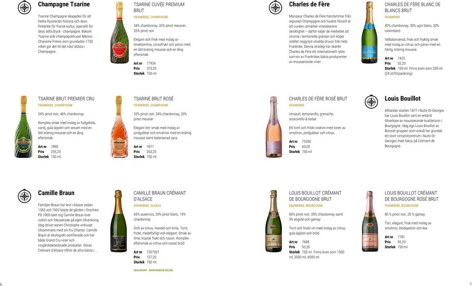 TSARINE CUVÉE PREMIUM BRUT FRANKRIKE, CHAMPAGNE 34% chardonnay, 33% pinot meunier, 33% pinot noir Elegant och frisk med inslag av limeblomma, citrusfrukt och päron med en lätt krämig mousse och en