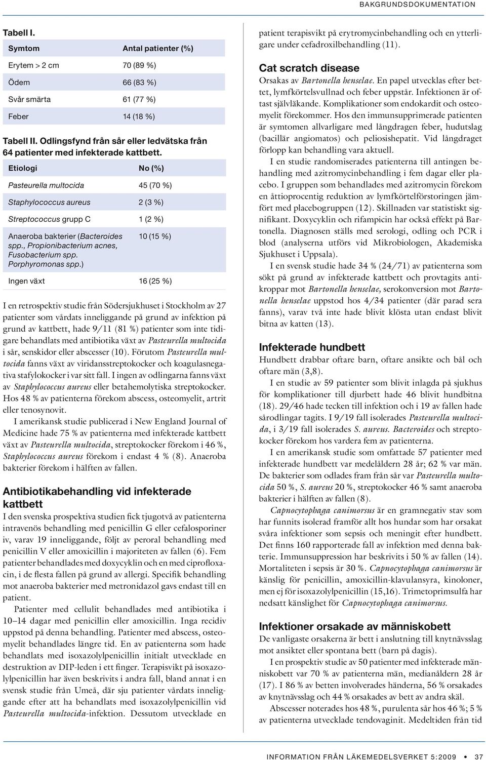 Etiologi No (%) Pasteurella multocida 45 (70 %) Staphylococcus aureus 2 (3 %) Streptococcus grupp C 1 (2 %) Anaeroba bakterier (Bacteroides spp., Propionibacterium acnes, Fusobacterium spp.