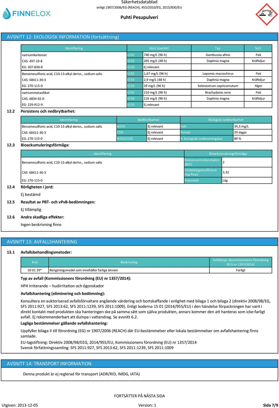 CAS: 6834-92-0 216 mg/l (96 h) Daphnia magna Kräftdjur EG: 229-912-9 12.