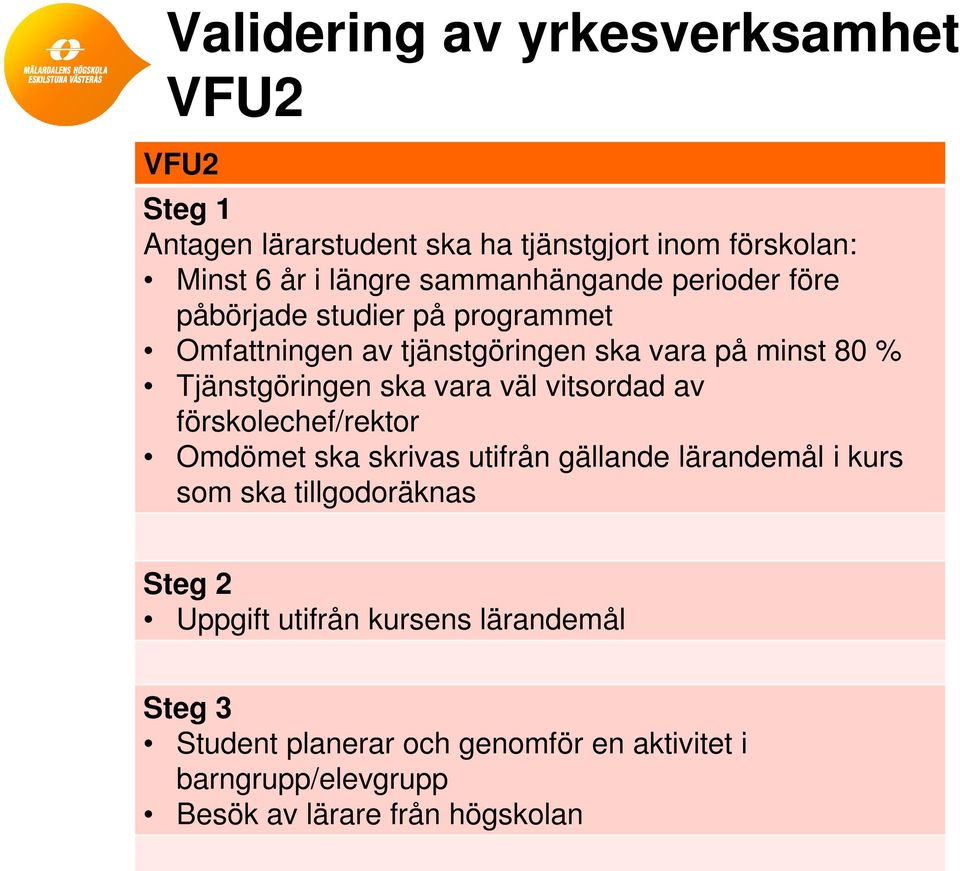 ska vara väl vitsordad av förskolechef/rektor Omdömet ska skrivas utifrån gällande lärandemål i kurs som ska tillgodoräknas Steg 2