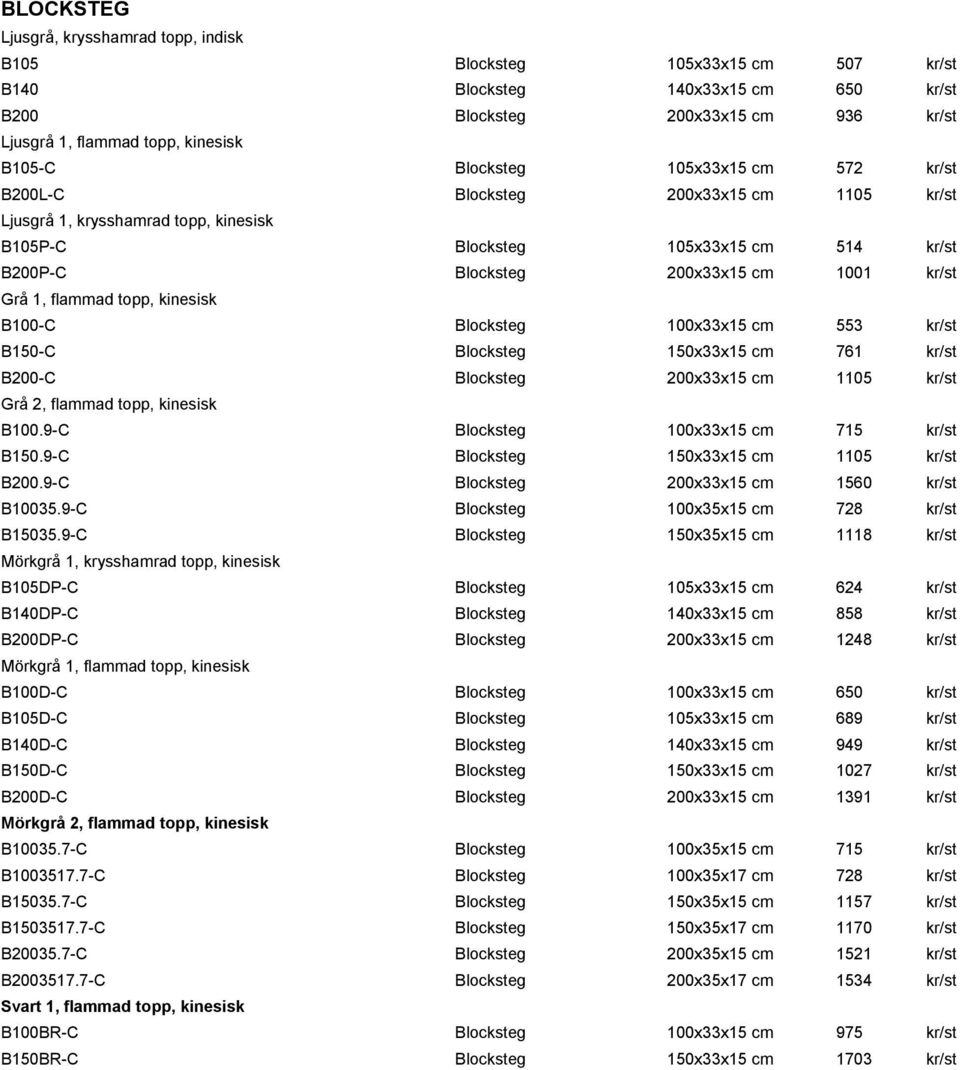 1, flammad topp, kinesisk B100-C Blocksteg 100x33x15 cm 553 kr/st B150-C Blocksteg 150x33x15 cm 761 kr/st B200-C Blocksteg 200x33x15 cm 1105 kr/st Grå 2, flammad topp, kinesisk B100.
