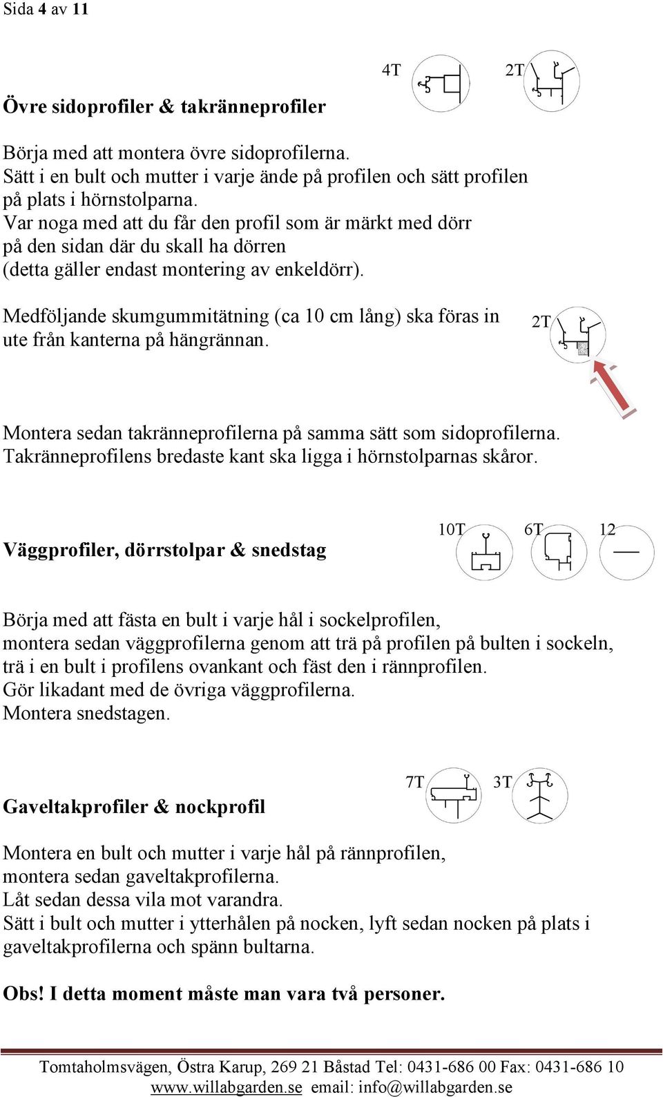 Medföljande skumgummitätning (ca 10 cm lång) ska föras in ute från kanterna på hängrännan. 2T Montera sedan takränneprofilerna på samma sätt som sidoprofilerna.