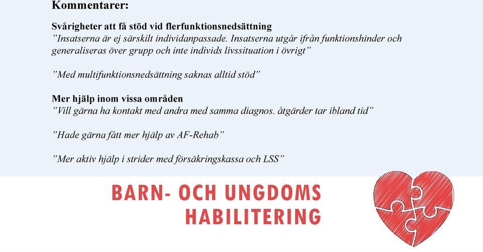 multifunktionsnedsättning saknas alltid stöd Mer hjälp inom vissa områden Vill gärna ha kontakt med andra med samma diagnos.