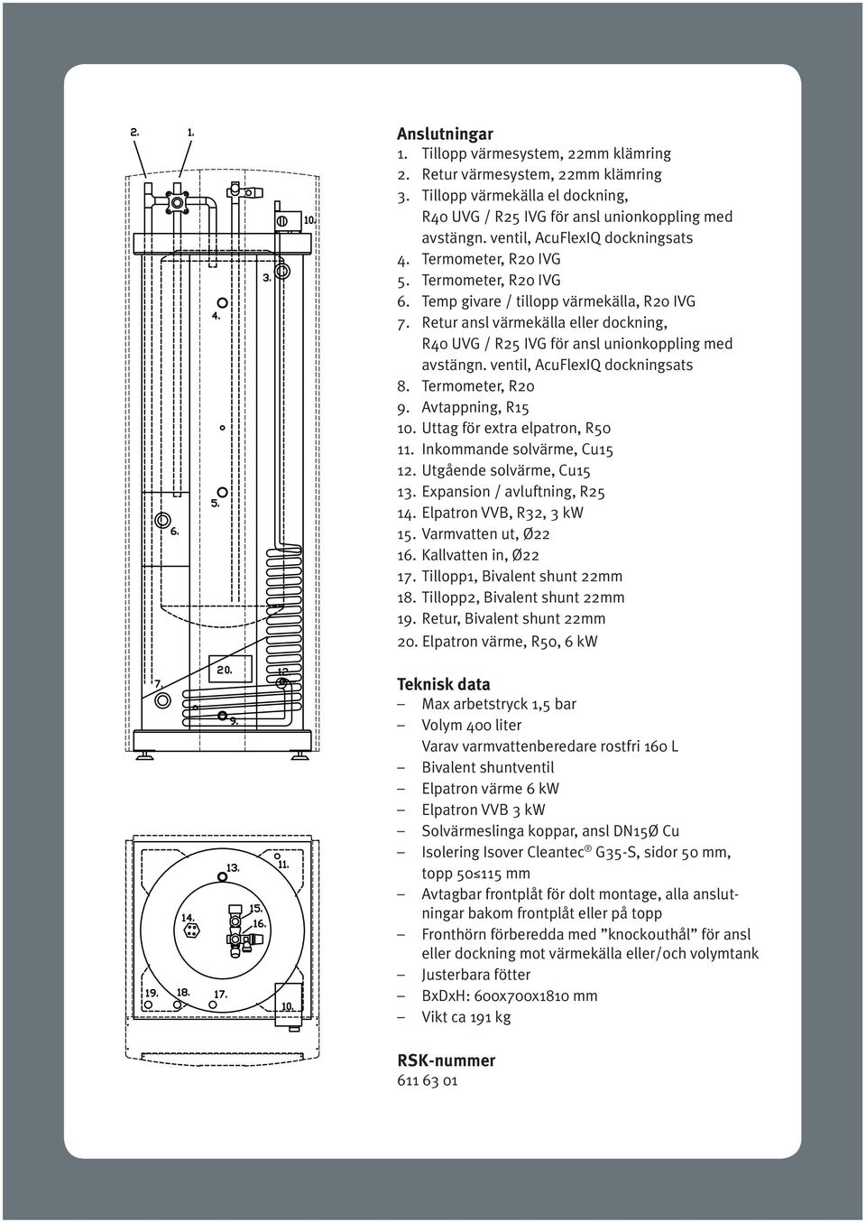 Retur ansl värmekälla eller dockning, R40 UVG / R25 IVG för ansl unionkoppling med avstängn. ventil, AcuFlexIQ dockningsats 8. Termometer, R20 9. Avtappning, R15 10. Uttag för extra elpatron, R50 11.