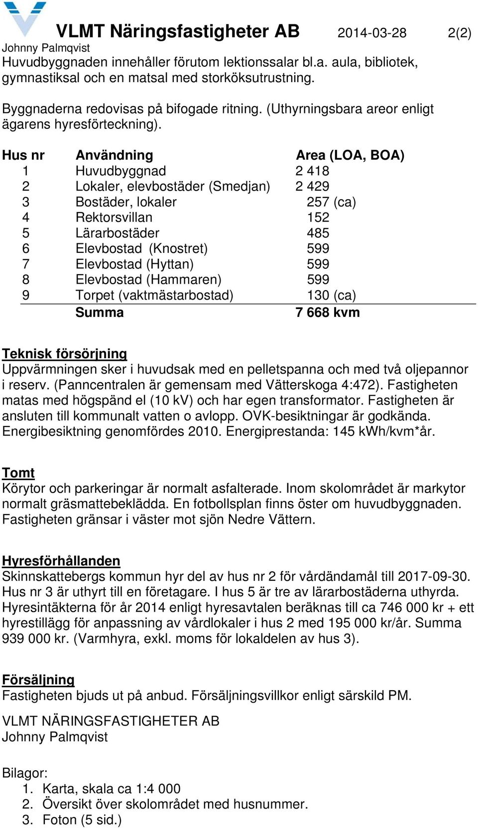 Hus nr Användning Area (LOA, BOA) 1 Huvudbyggnad 2 418 2 Lokaler, elevbostäder (Smedjan) 2 429 3 Bostäder, lokaler 257 (ca) 4 Rektorsvillan 152 5 Lärarbostäder 485 6 Elevbostad (Knostret) 599 7