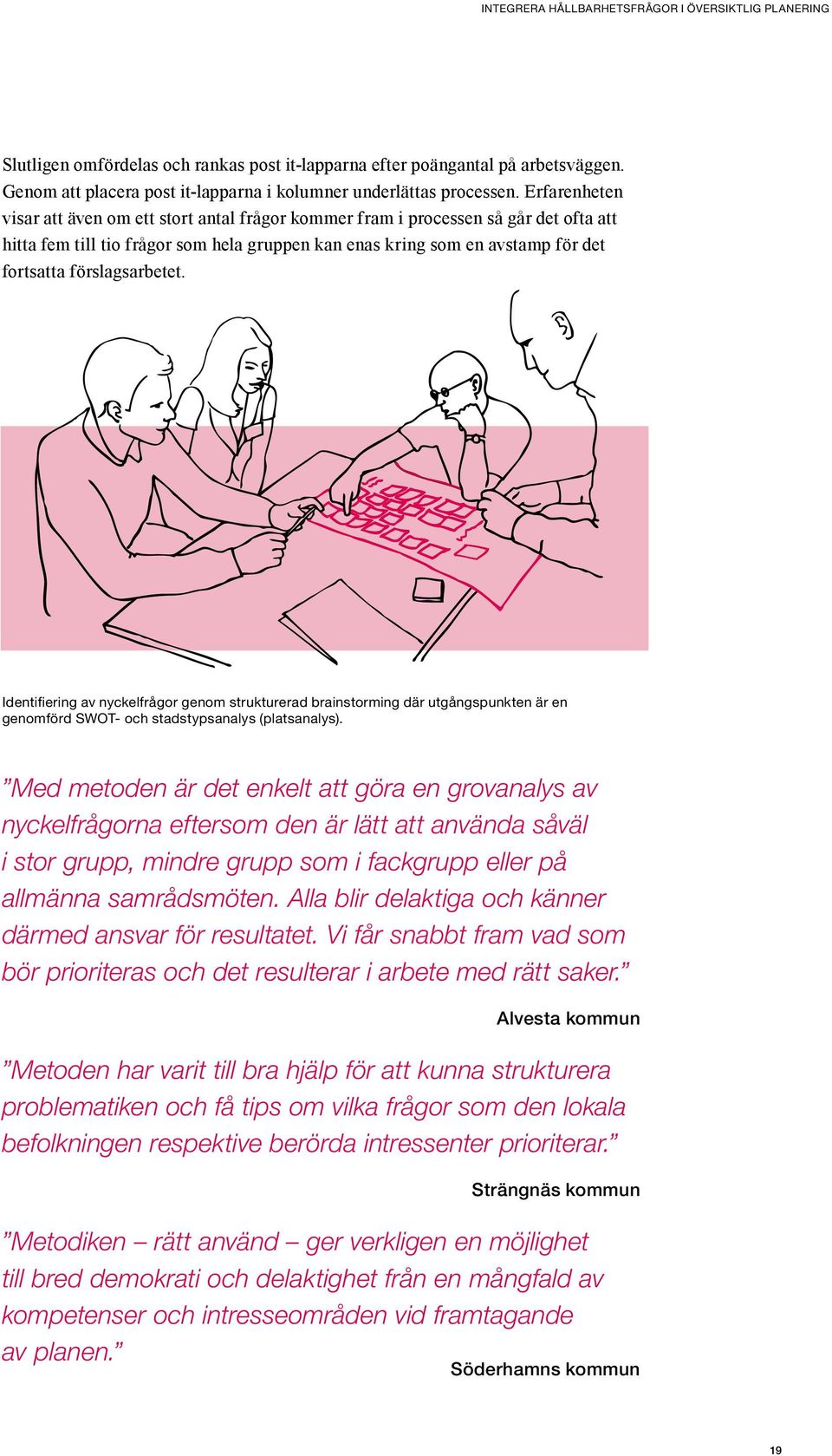 Erfarenheten visar att även om ett stort antal frågor kommer fram i processen så går det ofta att hitta fem till tio frågor som hela gruppen kan enas kring som en avstamp för det fortsatta