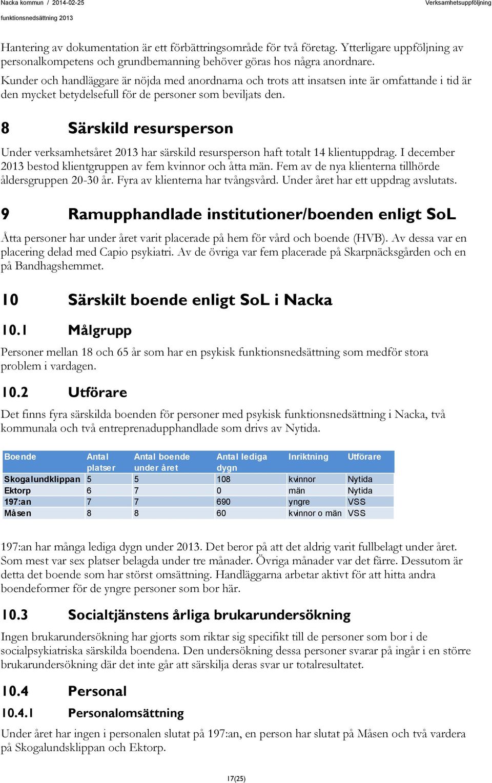 8 Särskild resursperson Under verksamhetsåret 2013 har särskild resursperson haft totalt 14 klientuppdrag. I december 2013 bestod klientgruppen av fem kvinnor och åtta män.