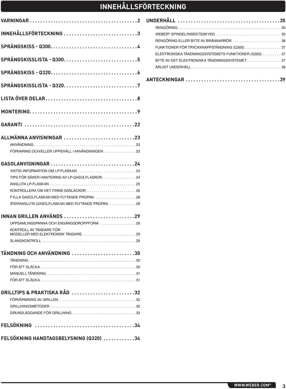 .. 37 BYTE AV DET ELEKTRONISKA TÄNDNINGSSYSTEMET....37 ÅRLIGT UNDERHÅLL....38 ANTECKNINGAR...39 LISTA ÖVER DELAR...8 MONTERING...9 GARANTI...22 ALLMÄNNA ANVISNINGAR...23 ANVÄNDNING.