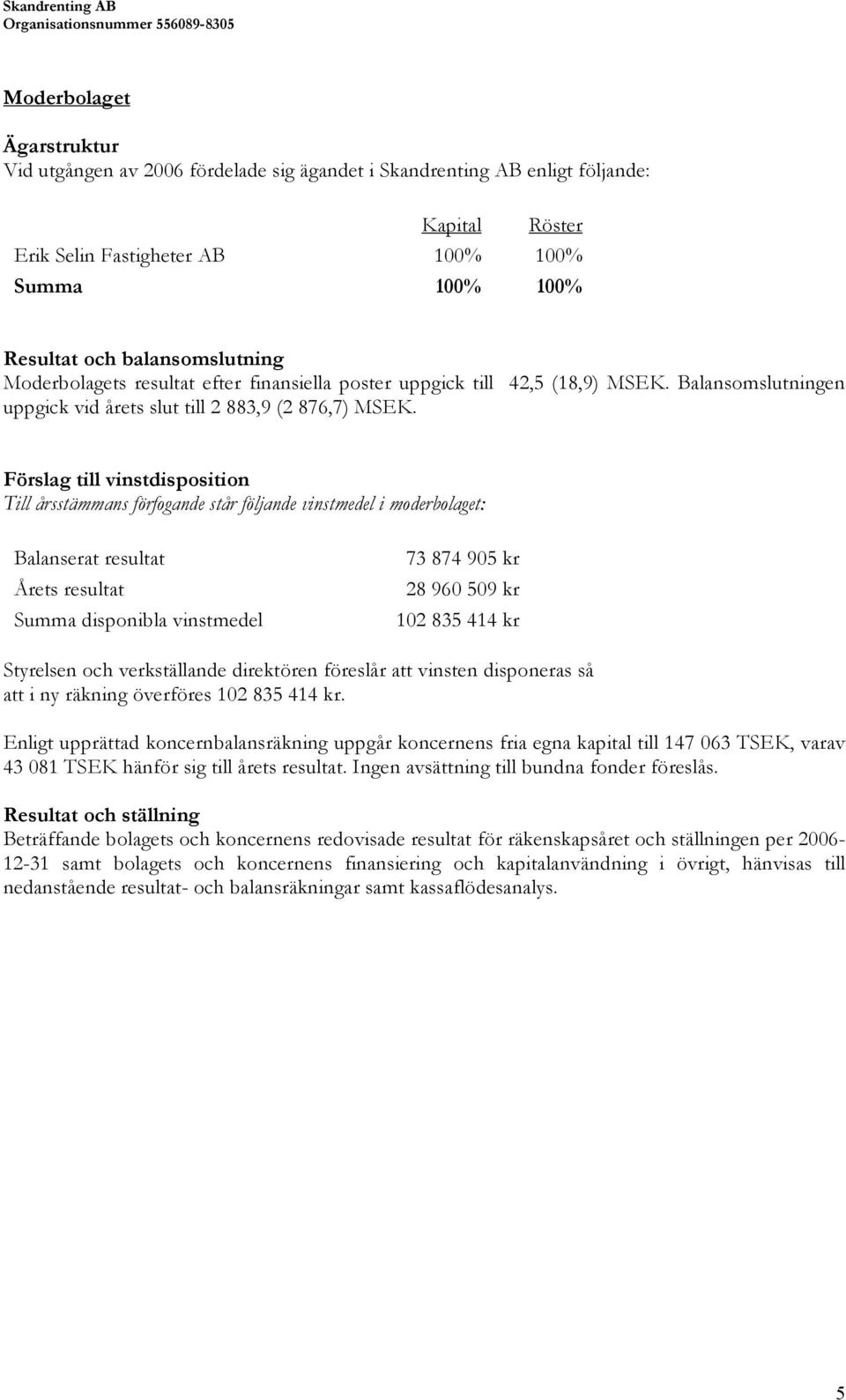 Förslag till vinstdisposition Till årsstämmans förfogande står följande vinstmedel i moderbolaget: Balanserat resultat Årets resultat Summa disponibla vinstmedel 73 874 905 kr 28 960 509 kr 102 835