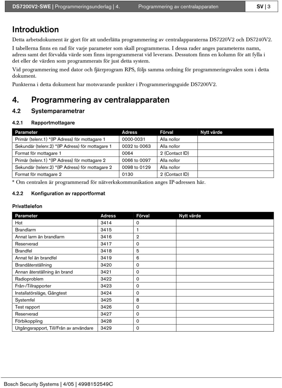 Dessutom finns en kolumn för att fylla i det eller de värden som programmerats för just detta system.