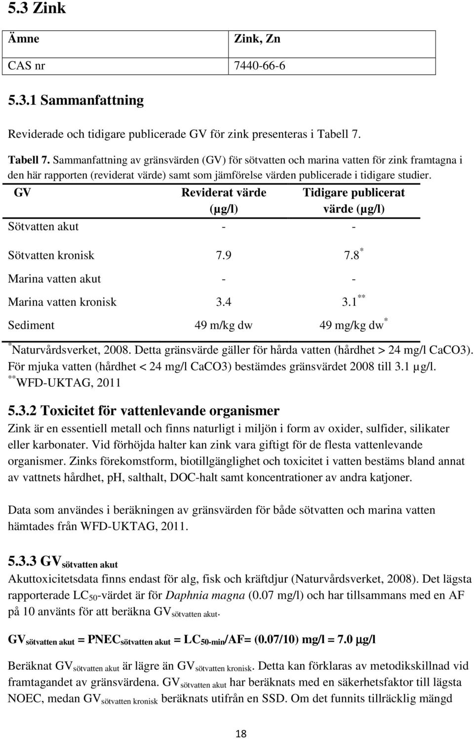 GV Reviderat värde (µg/l) Tidigare publicerat värde (µg/l) Sötvatten akut - - Sötvatten kronisk 7.9 7.8 * Marina vatten akut - - Marina vatten kronisk 3.4 3.