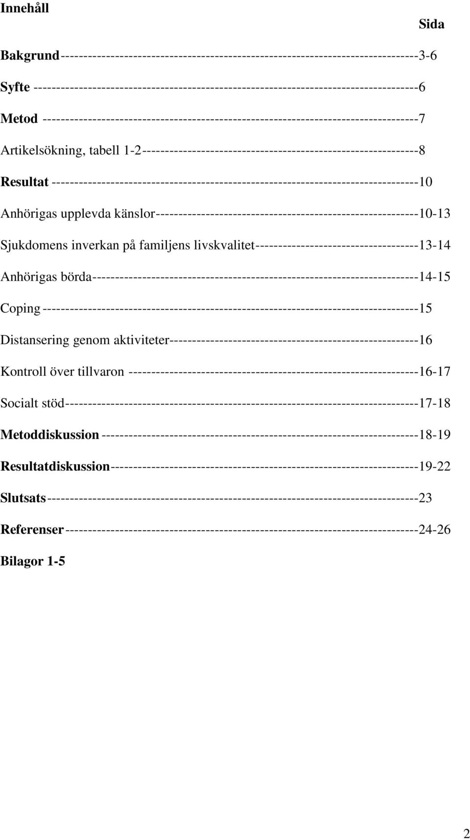 ---------------------------------------------------------------------------------10 Anhörigas upplevda känslor----------------------------------------------------------10-13 Sjukdomens inverkan på