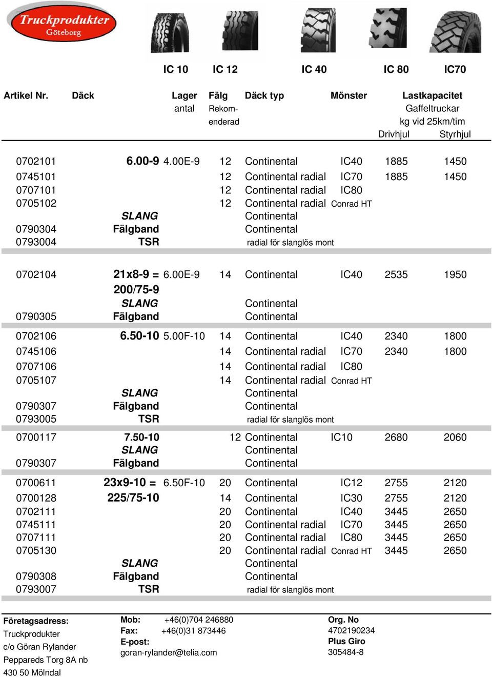 Continental 0793004 TSR radial för slanglös mont 0702104 21x8-9 = 6.00E-9 14 Continental IC40 2535 1950 200/75-9 SLANG Continental 0790305 Fälgband Continental 0702106 6.50-10 5.