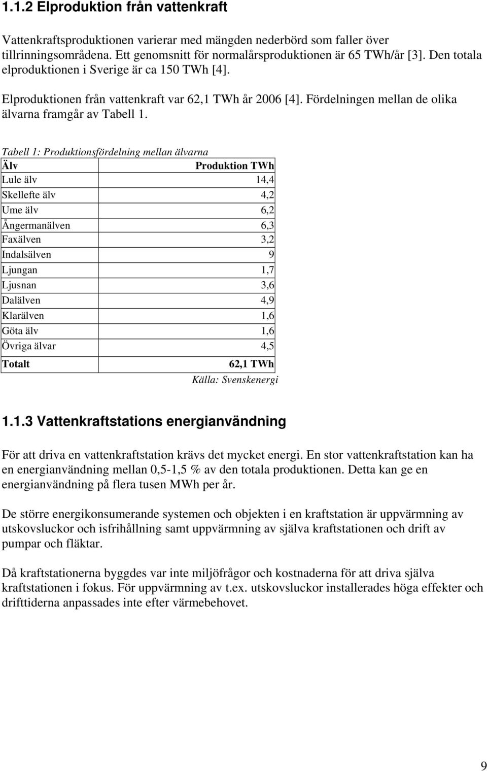 Tabell 1: Produktionsfördelning mellan älvarna Älv Produktion TWh Lule älv 14,4 Skellefte älv 4,2 Ume älv 6,2 Ångermanälven 6,3 Faxälven 3,2 Indalsälven 9 Ljungan 1,7 Ljusnan 3,6 Dalälven 4,9