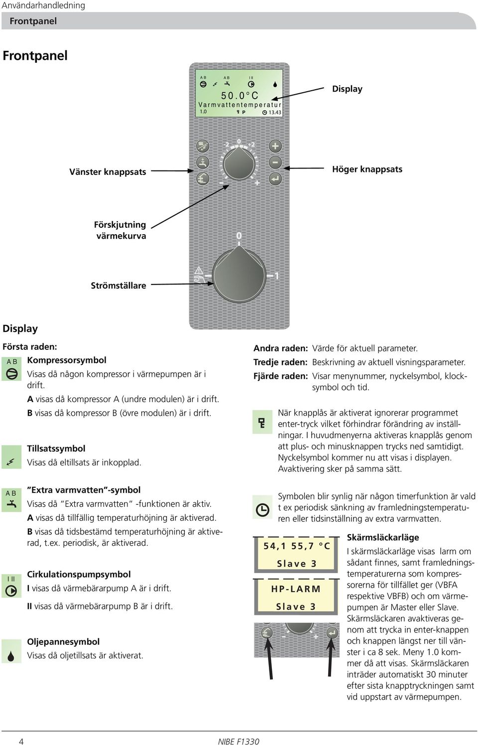 A visas då kompressor A (undre modulen) är i drift. B visas då kompressor B (övre modulen) är i drift. Tillsatssymbol Visas då eltillsats är inkopplad. Andra raden: Värde för aktuell parameter.