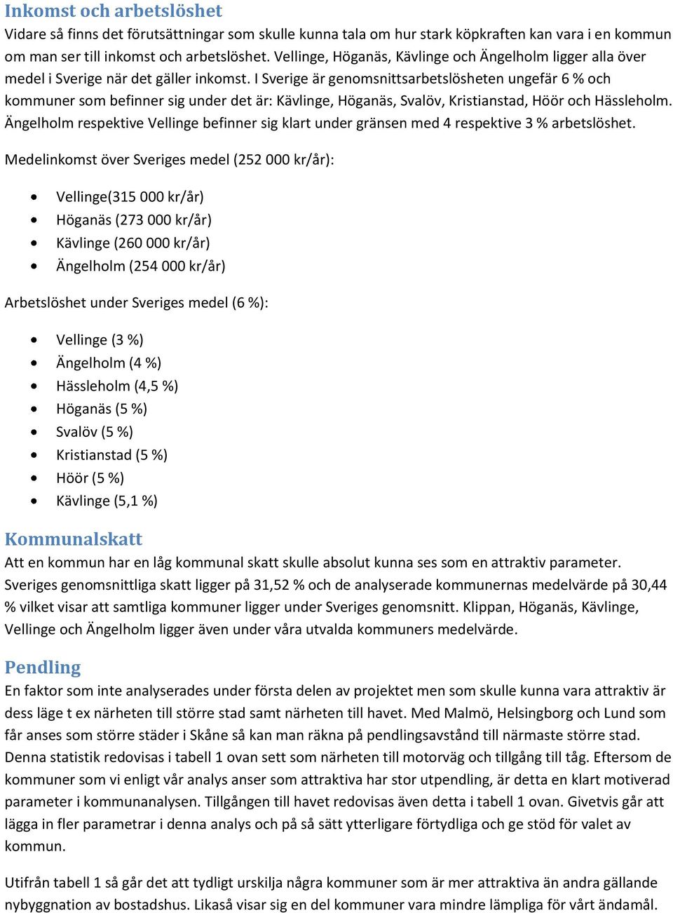 I Sverige är genomsnittsarbetslösheten ungefär 6 % och kommuner som befinner sig under det är: Kävlinge, Höganäs, Svalöv, Kristianstad, Höör och Hässleholm.