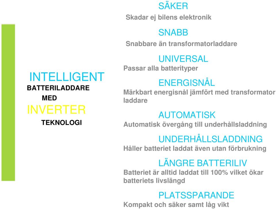 AUTOMATISK Automatisk övergång till underhållsladdning UNDERHÅLLSLADDNING Håller batteriet laddat även utan