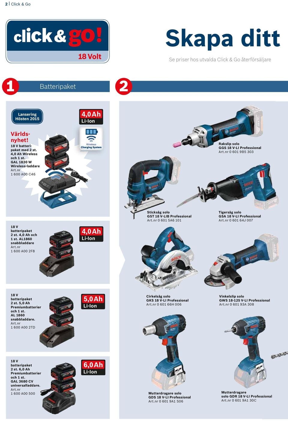 nr 0 601 5A6 101 Tigersåg solo GSA 18 V-LI Professional Art.nr 0 601 64J 007 18 V batteripaket 2 st. 4,0 Ah och 1 st. AL1860 snabbladdare Art.nr 1 600 A00 2F8 4,0 Ah 18 V batteripaket 2 st.