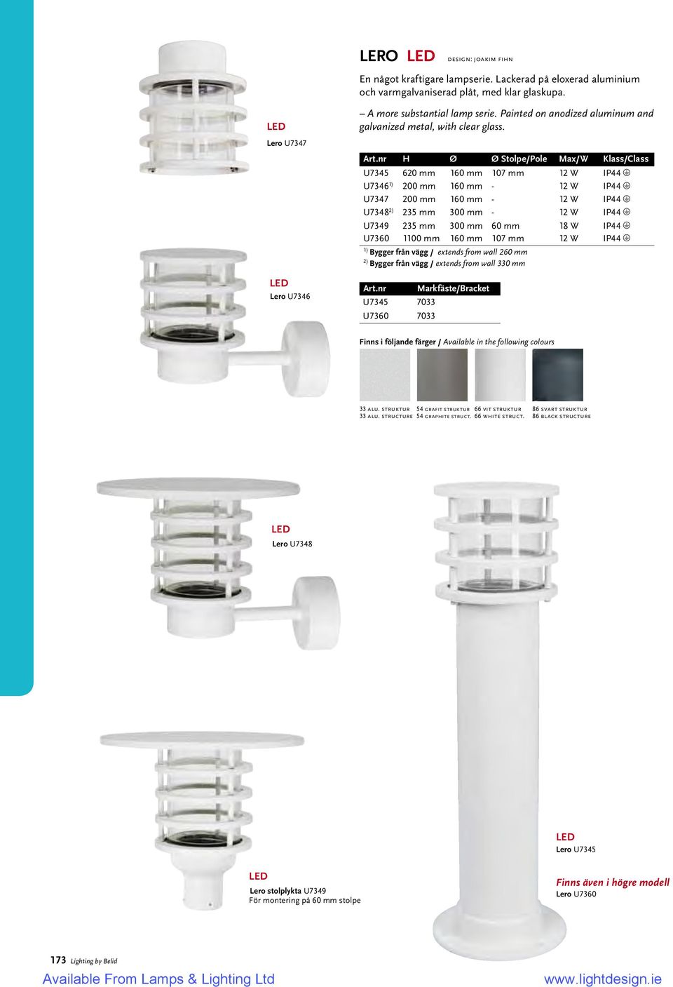 nr H Ø Ø Stolpe/Pole Max/W Klass/Class U7345 620 mm 160 mm 107 mm 12 W IP44 U7346 1) 200 mm 160 mm - 12 W IP44 U7347 200 mm 160 mm - 12 W IP44 U7348 2) 235 mm 300 mm - 12 W IP44 U7349 235 mm 300