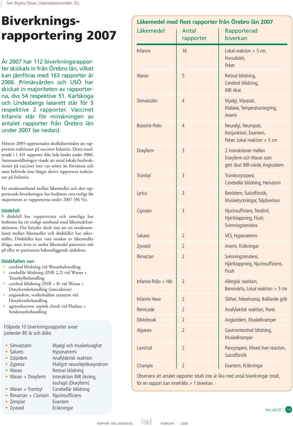 Vaccinet Infanrix står för minskningen av antalet rapporter från Örebro län under 2007 (se nedan). Hösten 2005 uppmanades skolhälsovården att rapportera reaktioner på vaccinet Infanrix.