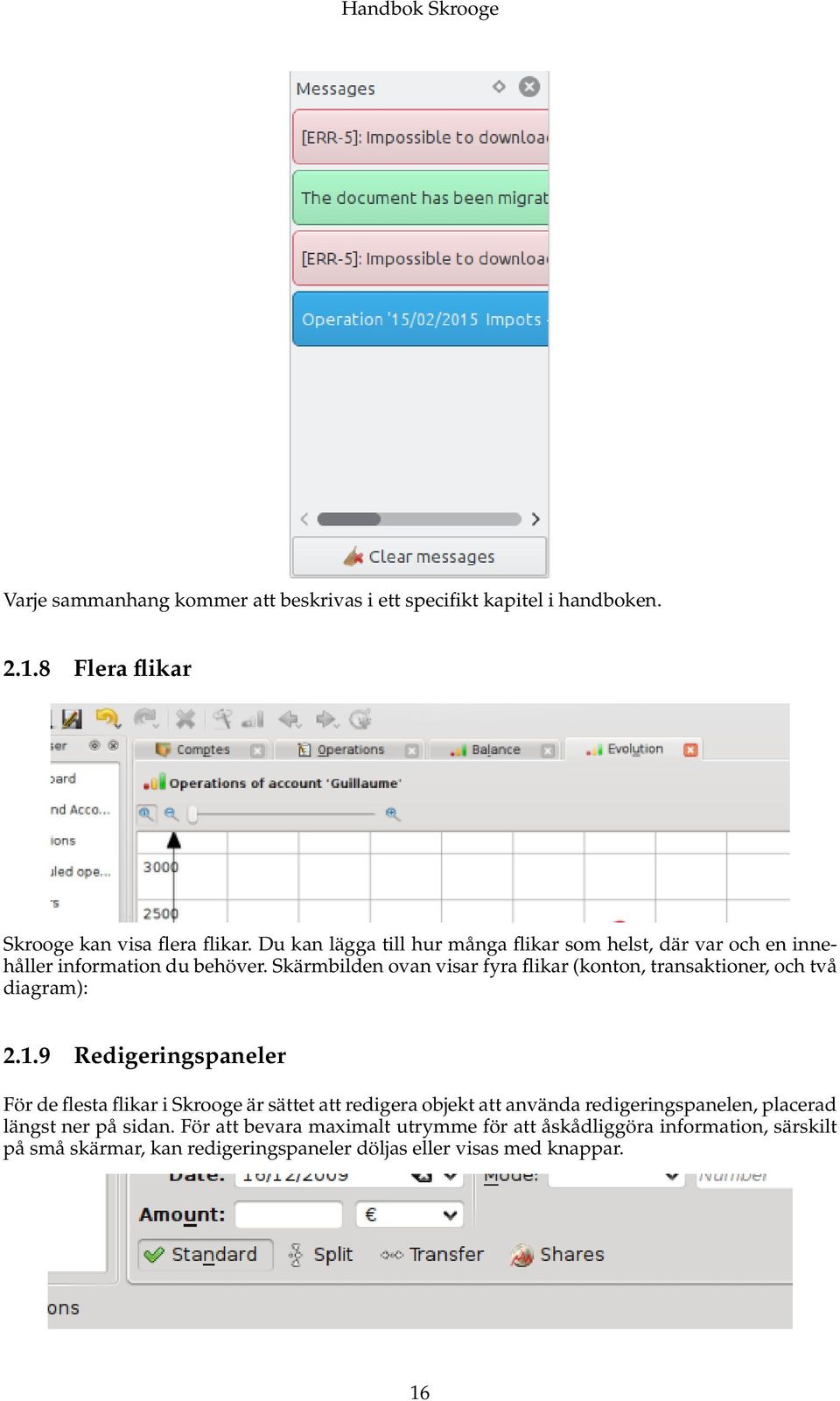 Skärmbilden ovan visar fyra flikar (konton, transaktioner, och två diagram): 2.1.