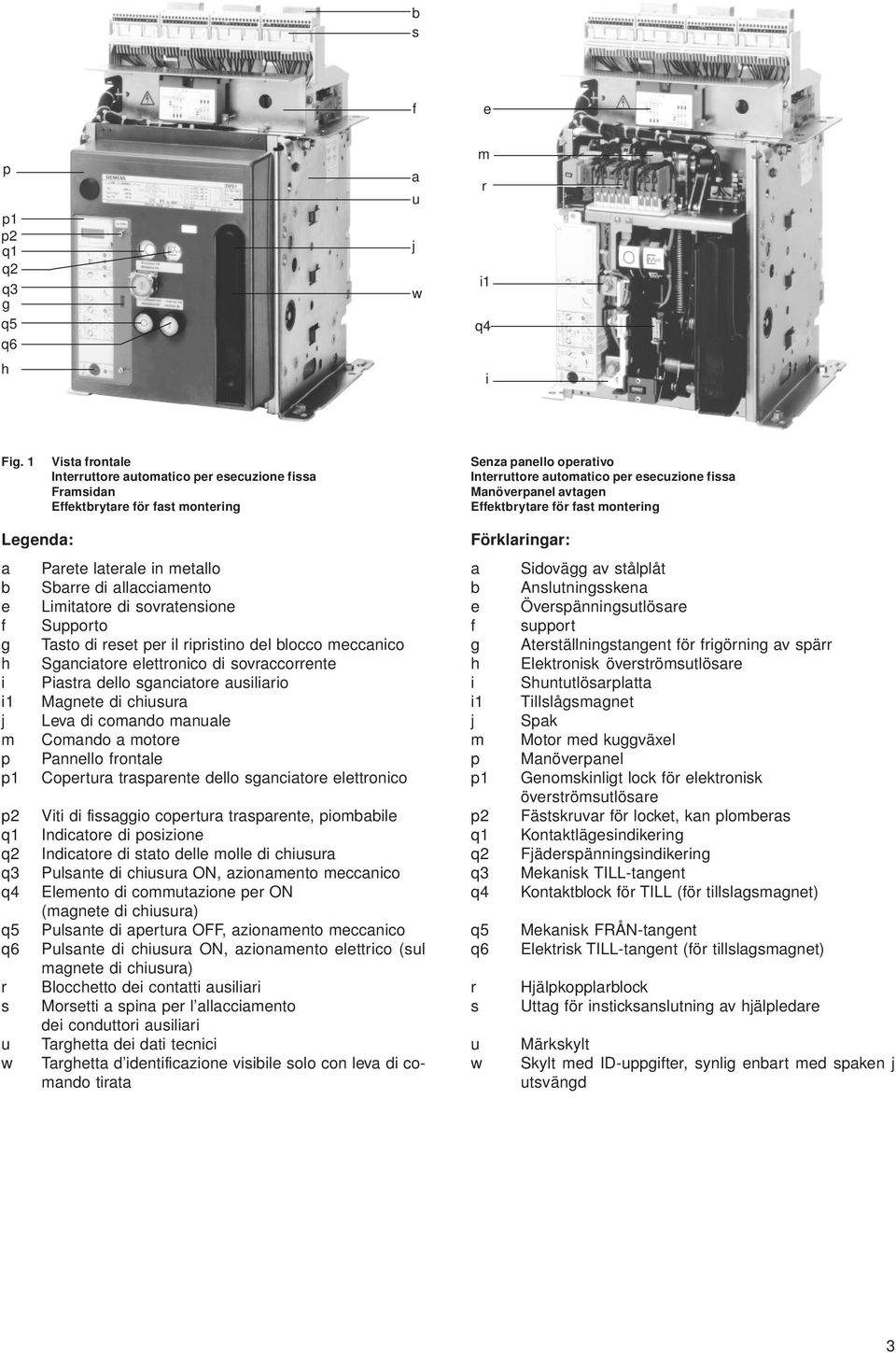 Effektbrytare för fast montering Legenda: a Parete laterale in metallo b Sbarre di allacciamento e Limitatore di sovratensione f Supporto g Tasto di reset per il ripristino del blocco meccanico h