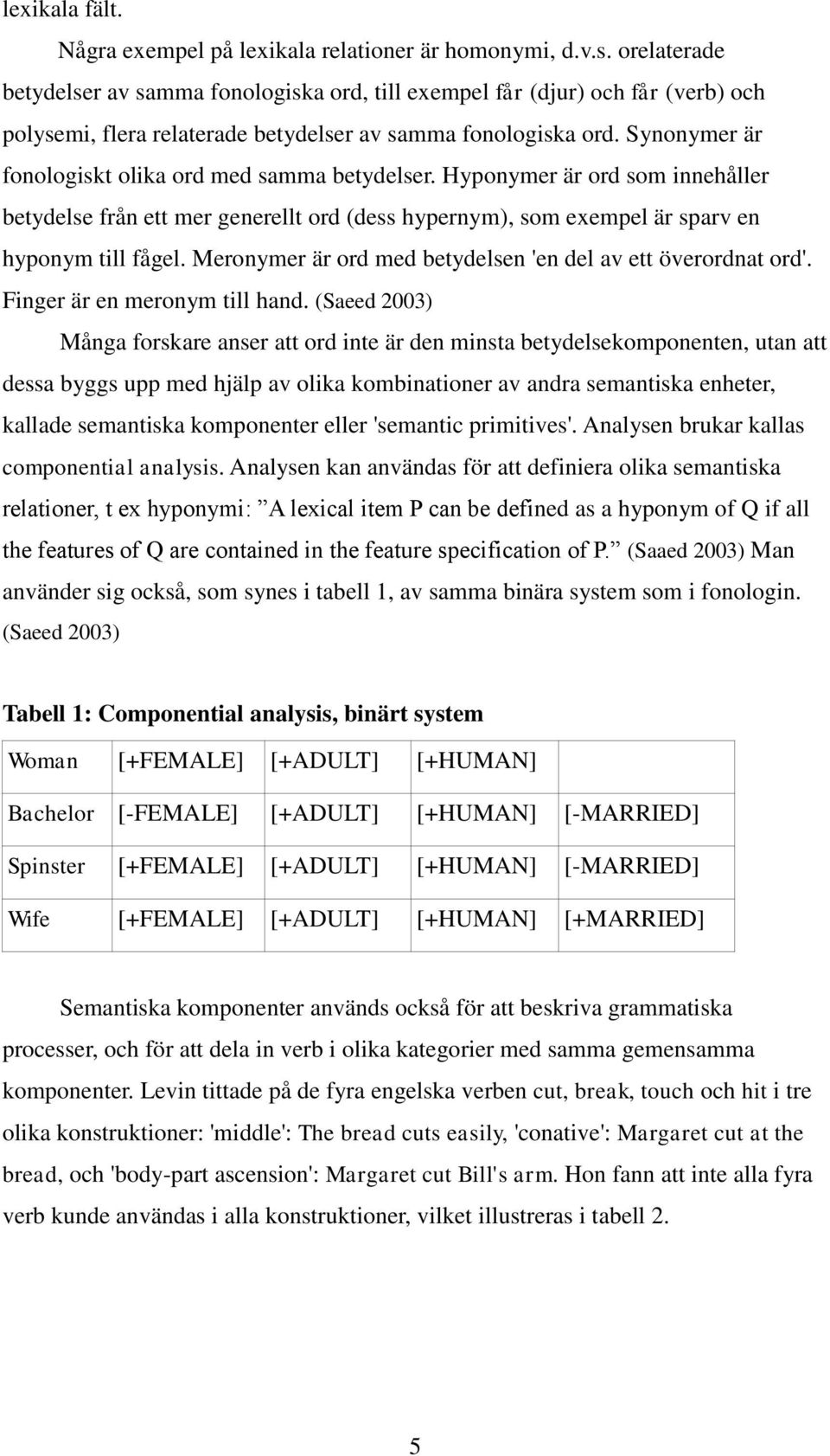 Synonymer är fonologiskt olika ord med samma betydelser. Hyponymer är ord som innehåller betydelse från ett mer generellt ord (dess hypernym), som exempel är sparv en hyponym till fågel.