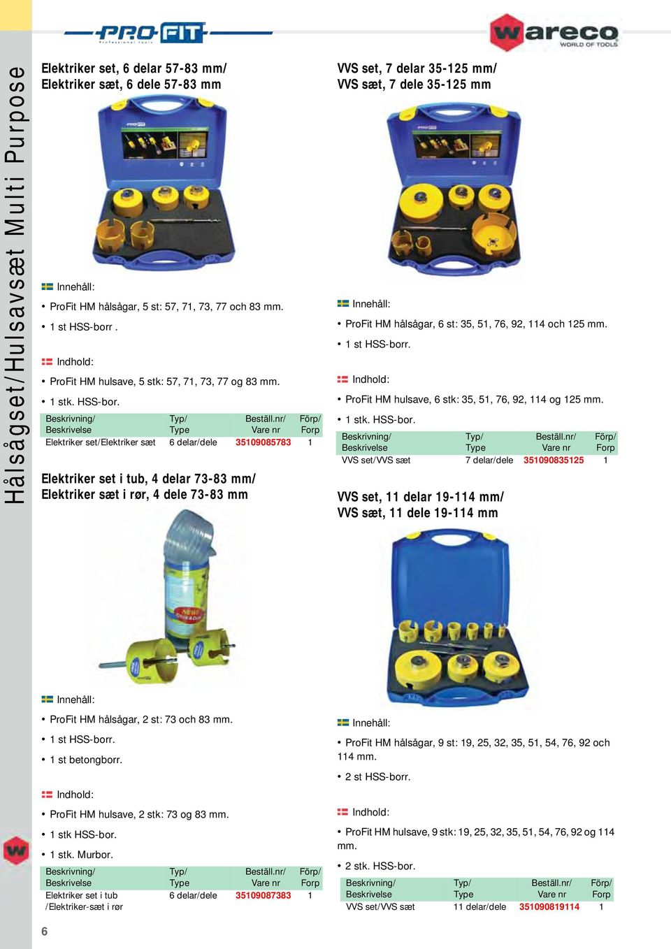 Elektriker set/elektriker sæt 6 delar/dele 35109085783 1 Elektriker set i tub, 4 delar 73-83 mm/ Elektriker sæt i rør, 4 dele 73-83 mm VVS set, 7 delar 35-125 mm/ VVS sæt, 7 dele 35-125 mm ProFit HM