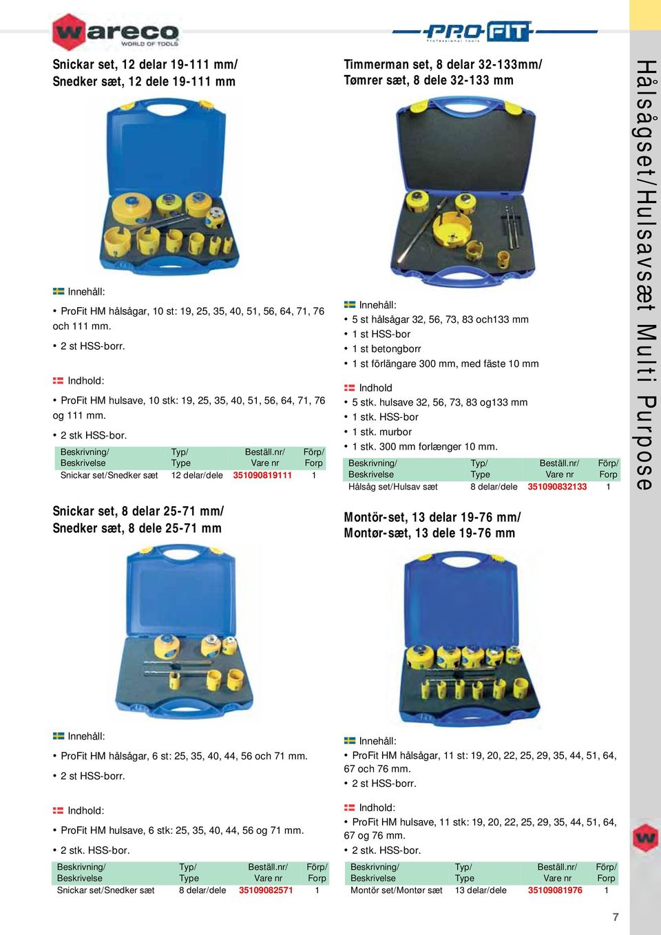 Snickar set/snedker sæt 12 delar/dele 351090819111 1 Timmerman set, 8 delar 32-133mm/ Tømrer sæt, 8 dele 32-133 mm 5 st hålsågar 32, 56, 73, 83 och133 mm 1 st HSS-bor 1 st betongborr 1 st förlängare