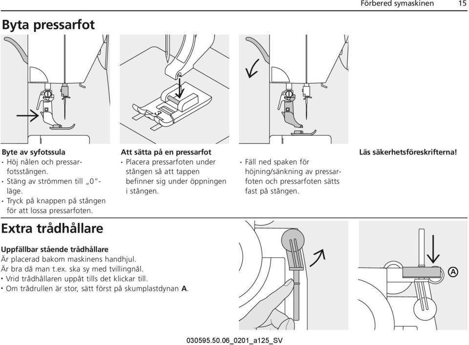 Att sätta på en pressarfot Placera pressarfoten under stången så att tappen befinner sig under öppningen i stången.