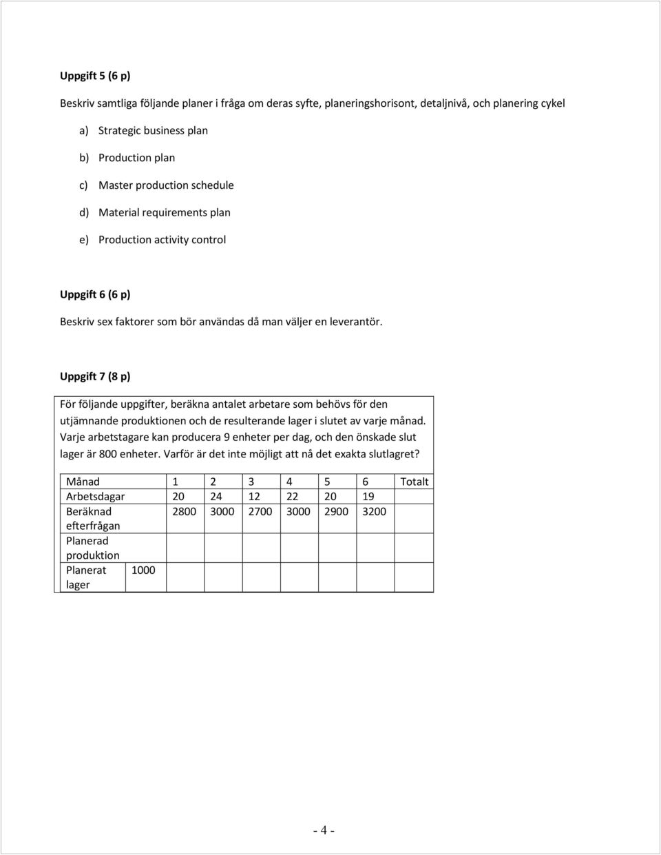 Uppgift 7 (8 p) För följande uppgifter, beräkna antalet arbetare som behövs för den utjämnande produktionen och de resulterande lager i slutet av varje månad.