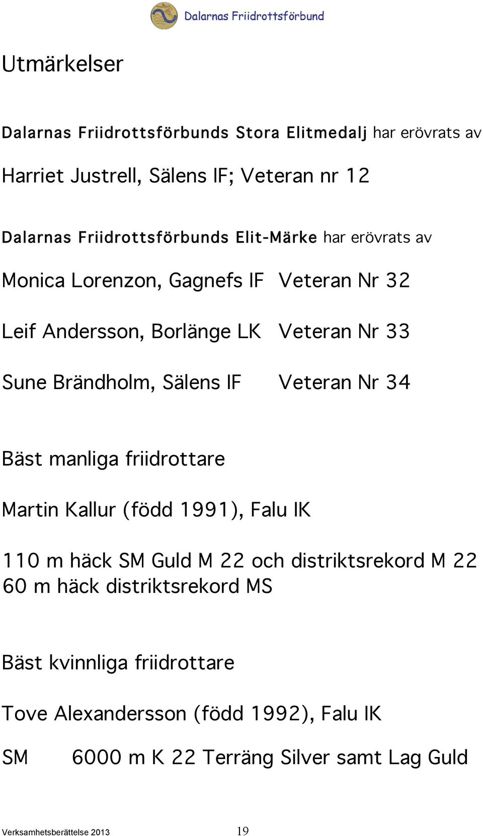 Veteran Nr 34 Bäst manliga friidrottare Martin Kallur (född 1991), Falu IK 110 m häck SM Guld M 22 och distriktsrekord M 22 60 m häck